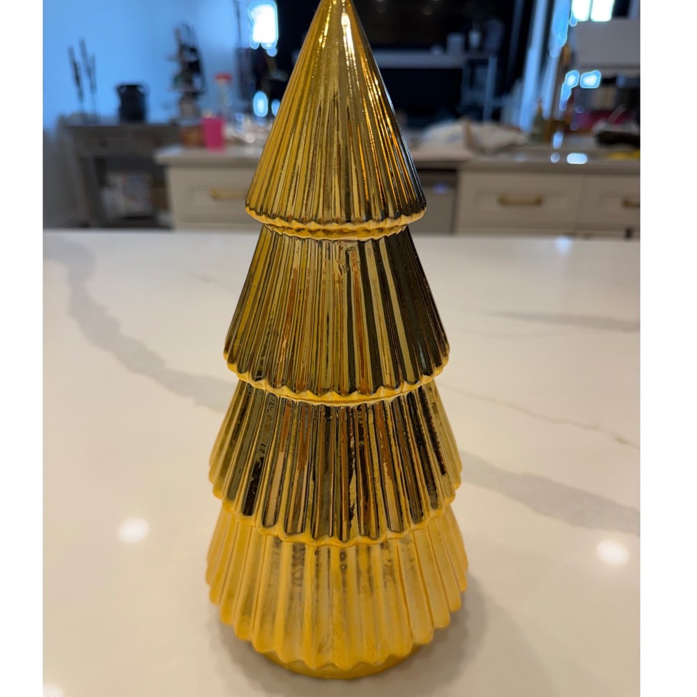 Gold Ceramic Tiered Christmas Tree Figurine Ribbed Metallic Holiday Decor - Picture 1 of 4